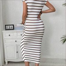 WNST
  Vestido casual de maternidad de cuello redondo, manga corta y con lazo lateral, a rayas, para verano - Blanco y Negr01 - Ver 3