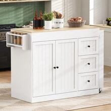 Isla de cocina sobre ruedas, isla de cocina extensible con zona de comedor, especiero y cajones, isla de cocina móvil e independiente, ideal para la cocina y el comedor (blanca). - Blanco - Ver 5