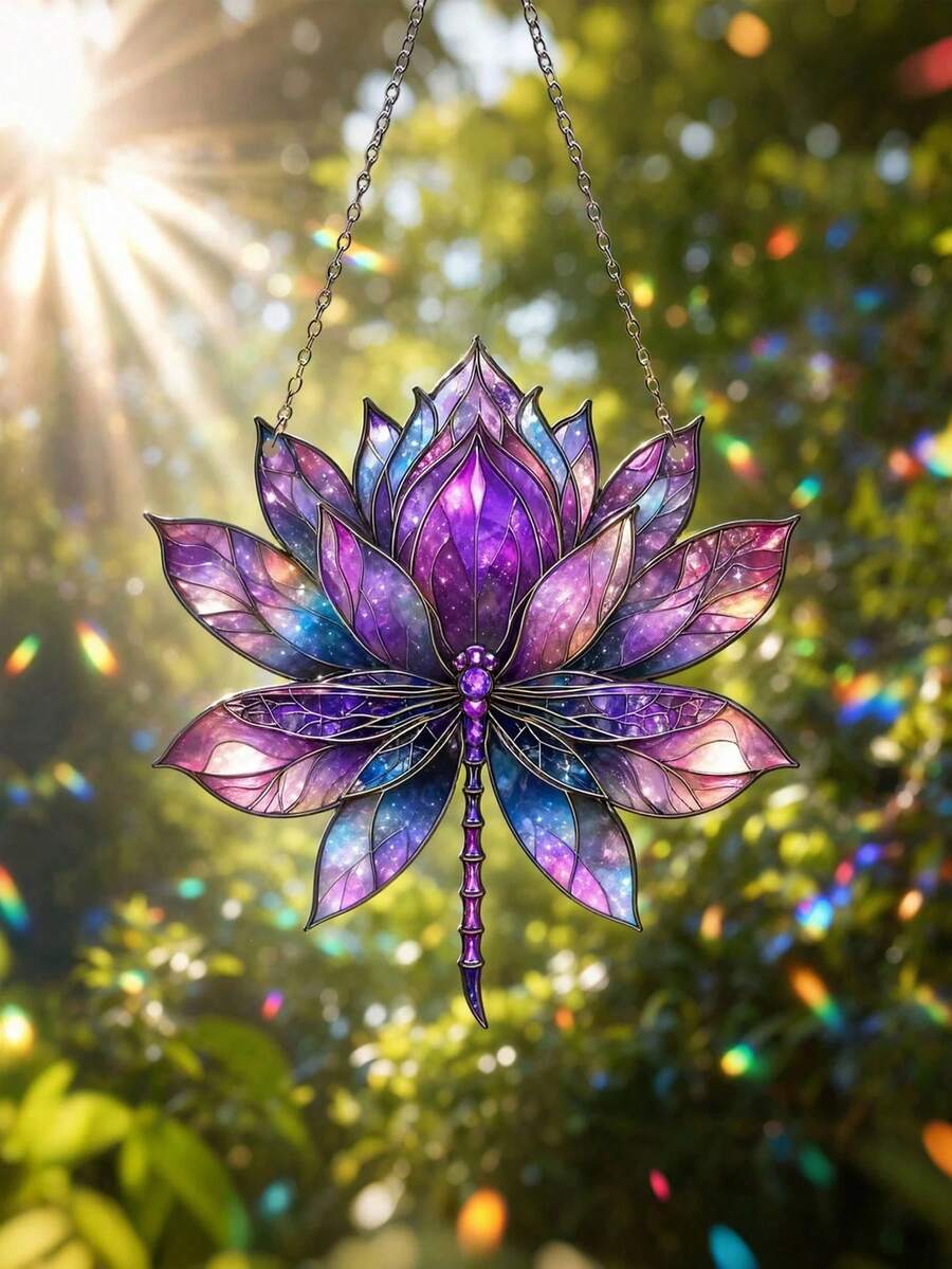 Blue Lotus Dragonfly Dreamcatcher, 2D Acrylic Wall Hanging, Purple Stained Glass Style, Window & Home Decor, Dreamy Starry Art, Boho Aesthetic, Light Catcher Ornament, Indoor Outdoor Decoration - Set - View 1