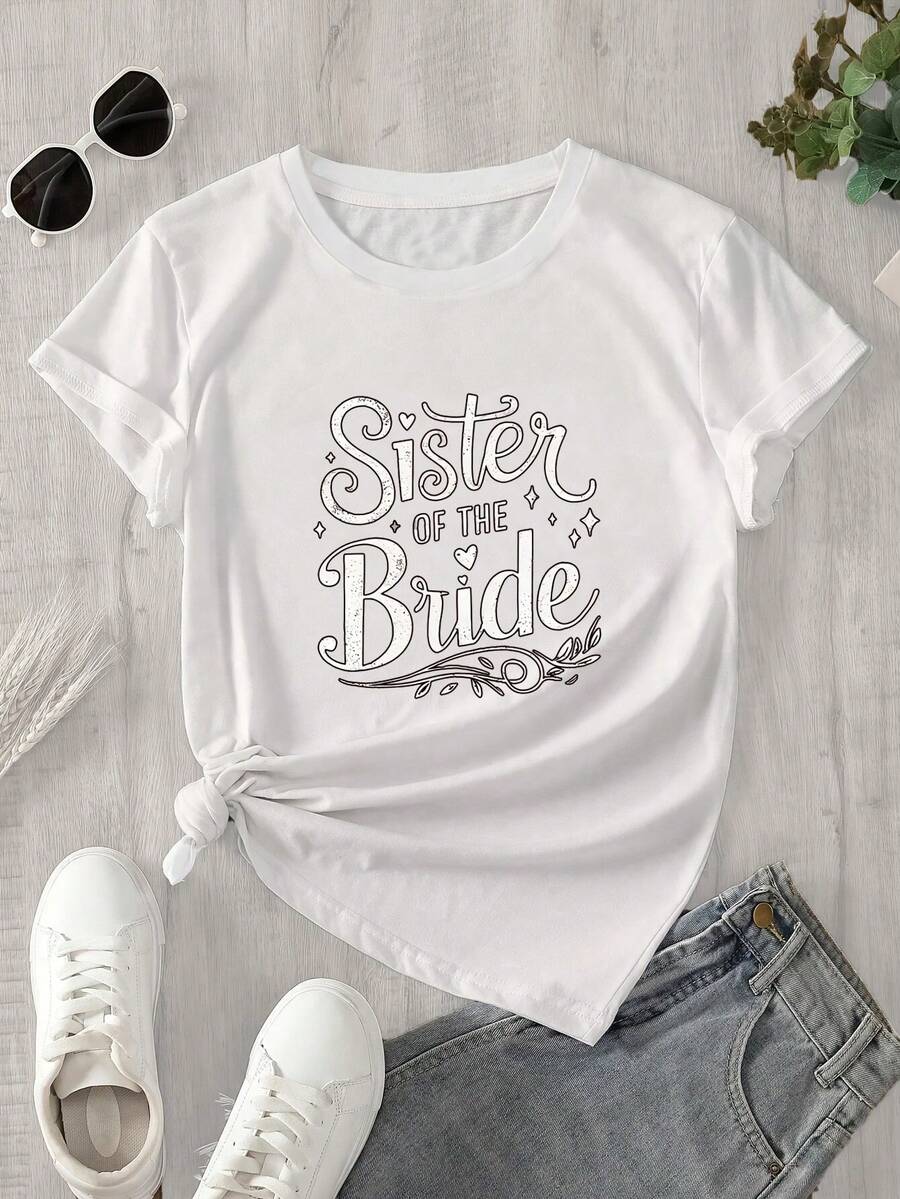 Camiseta de manga corta y cuello redondo para mujer con ilustración, que lleva impresas las palabras "hermana de la novia", adecuada para todas las estaciones. - Blanco - Ver 1