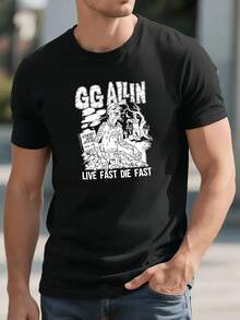 T-shirt nera da uomo in stile punk con stampa grafica, girocollo, vestibilità comoda, look street hip-hop, comoda da indossare, stampa grafica unica - nero - Visualizzare 1