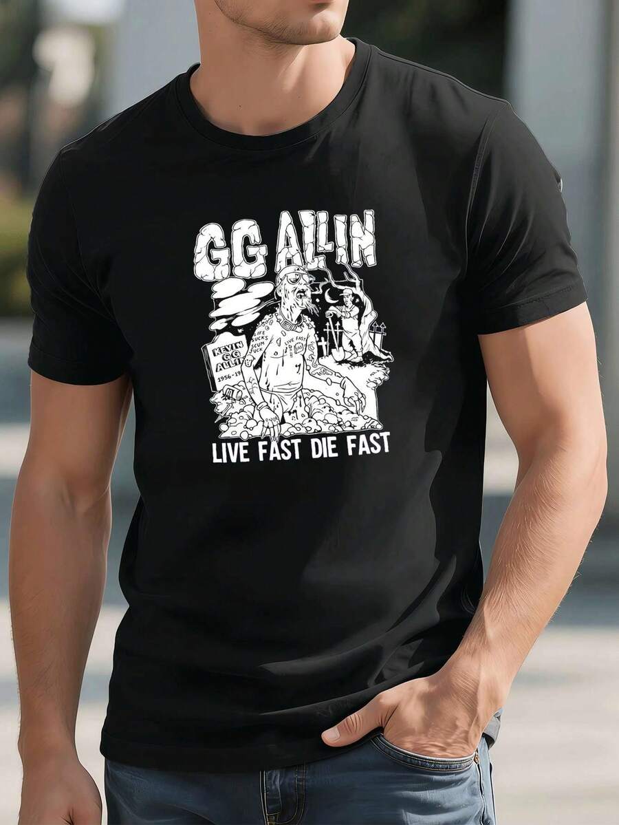 T-shirt nera da uomo in stile punk con stampa grafica, girocollo, vestibilità comoda, look street hip-hop, comoda da indossare, stampa grafica unica - nero - Visualizzare 1