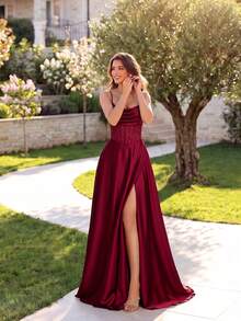 ADYCE Elegant Spaghetti Strap Lace Slit Floor Length Backless Tie Evening Gown, Suitable For Prom, Date, Homecoming, Wedding Guest, Formal Dinner And Family Gathering - Burgundy - View 5
