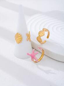 3pcs/Set Women's Ocean Theme Stackable Rings, Gold-Plated Starfish & Shell Ring Set, Summer Beach Bohemian Style Blue Starfish & Shell Exaggerated Jewelry - Multicolor - View 4