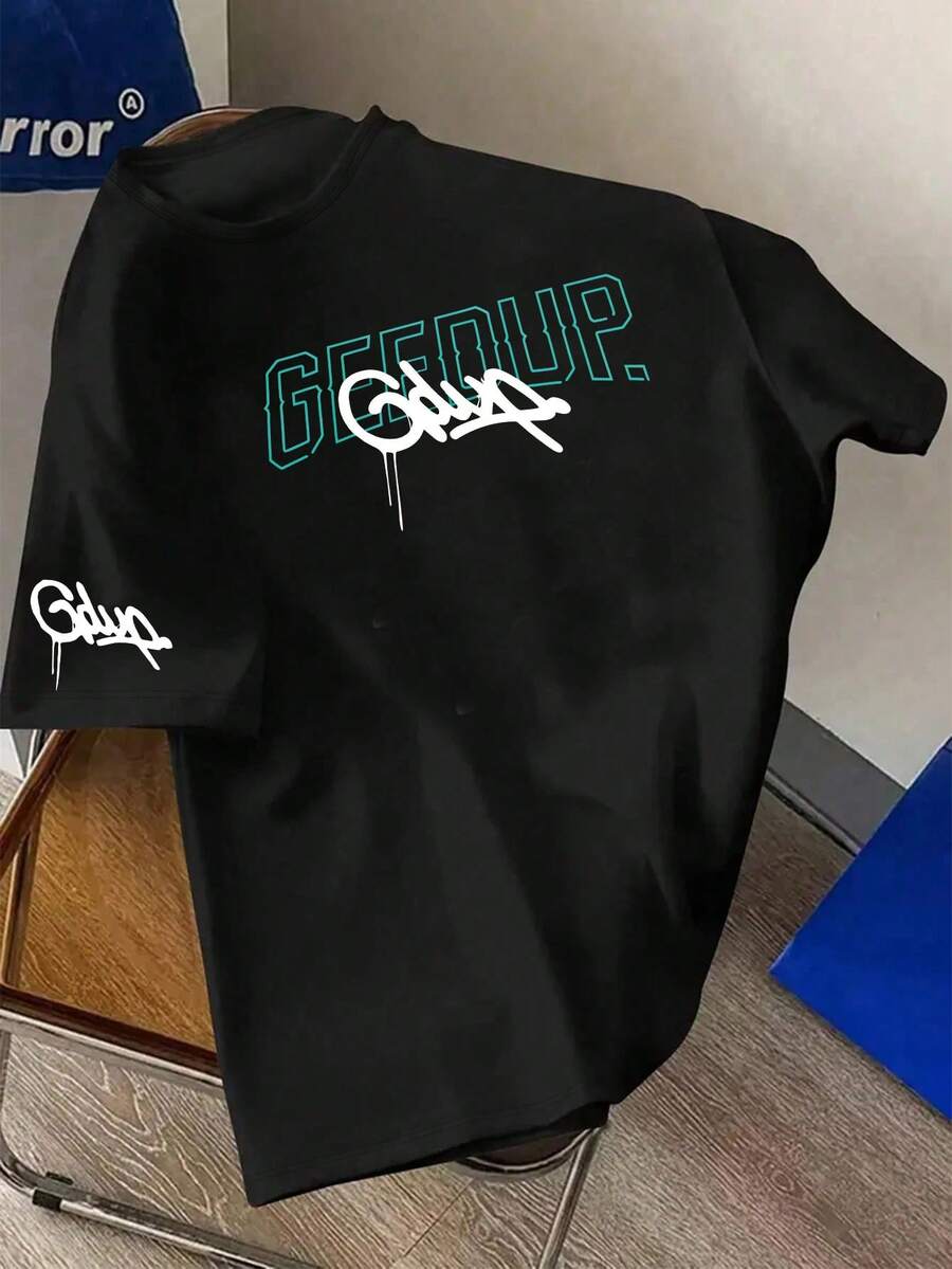 Camiseta casual de hombre con estampado de letras, camiseta de cuello redondo de manga corta para parejas, adecuada para primavera/verano, Día de San Valentín - Negro - Ver 1