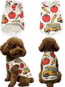 1pc Back Toschool Pet Clothes, Cute Cartoon Schoolbus Pencil Apple Print Dog Cat Vest, Soft Breathable Summer Pet Shirt, Light Green Sleeveless Puppy Kitten Vest, Pet Apparel For Small Medium Dogs Cats, School Season Party Costume, Home Pet Supplies. - White - View 1