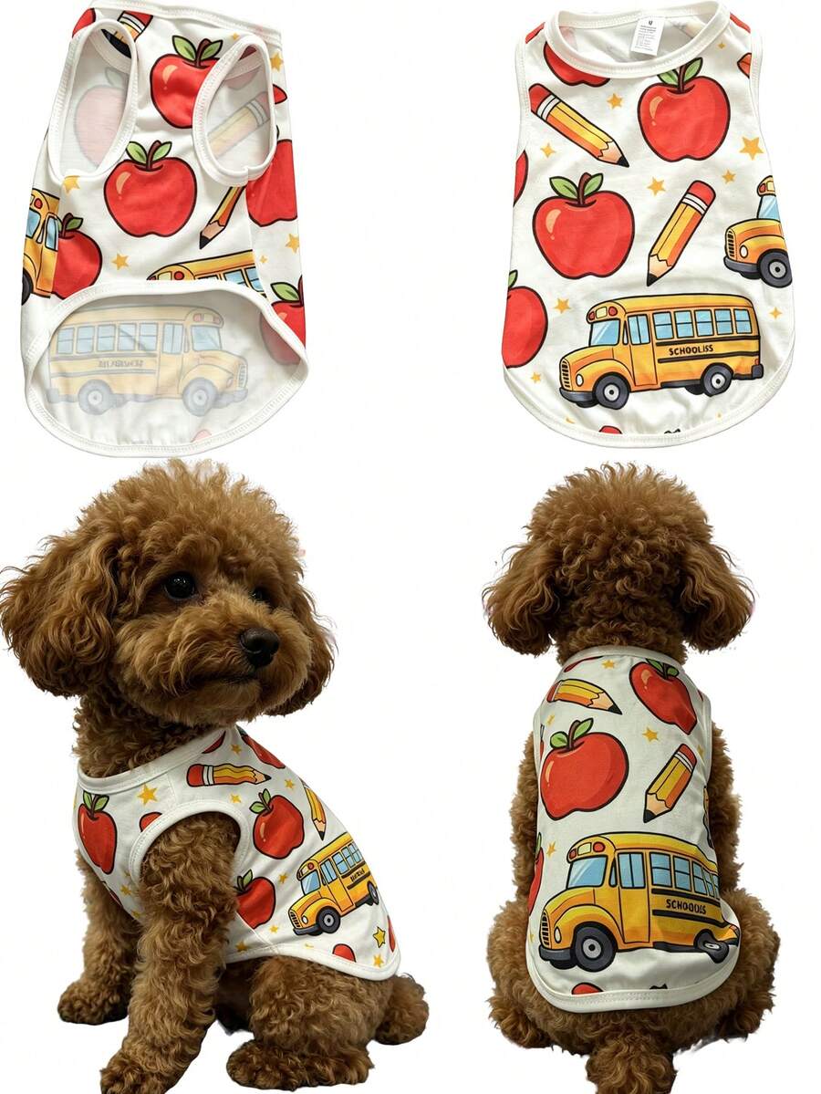 1pc Back Toschool Pet Clothes, Cute Cartoon Schoolbus Pencil Apple Print Dog Cat Vest, Soft Breathable Summer Pet Shirt, Light Green Sleeveless Puppy Kitten Vest, Pet Apparel For Small Medium Dogs Cats, School Season Party Costume, Home Pet Supplies. - White - View 1