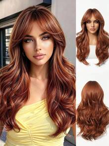 20 Inch Copper Red Long Curly Wig With Face-Framing Bangs, Heat-Resistant Synthetic Hair, Natural And Beautiful, Suitable For Daily Wear, Parties, Holidays And Cosplay - Burnt Orange - View 13