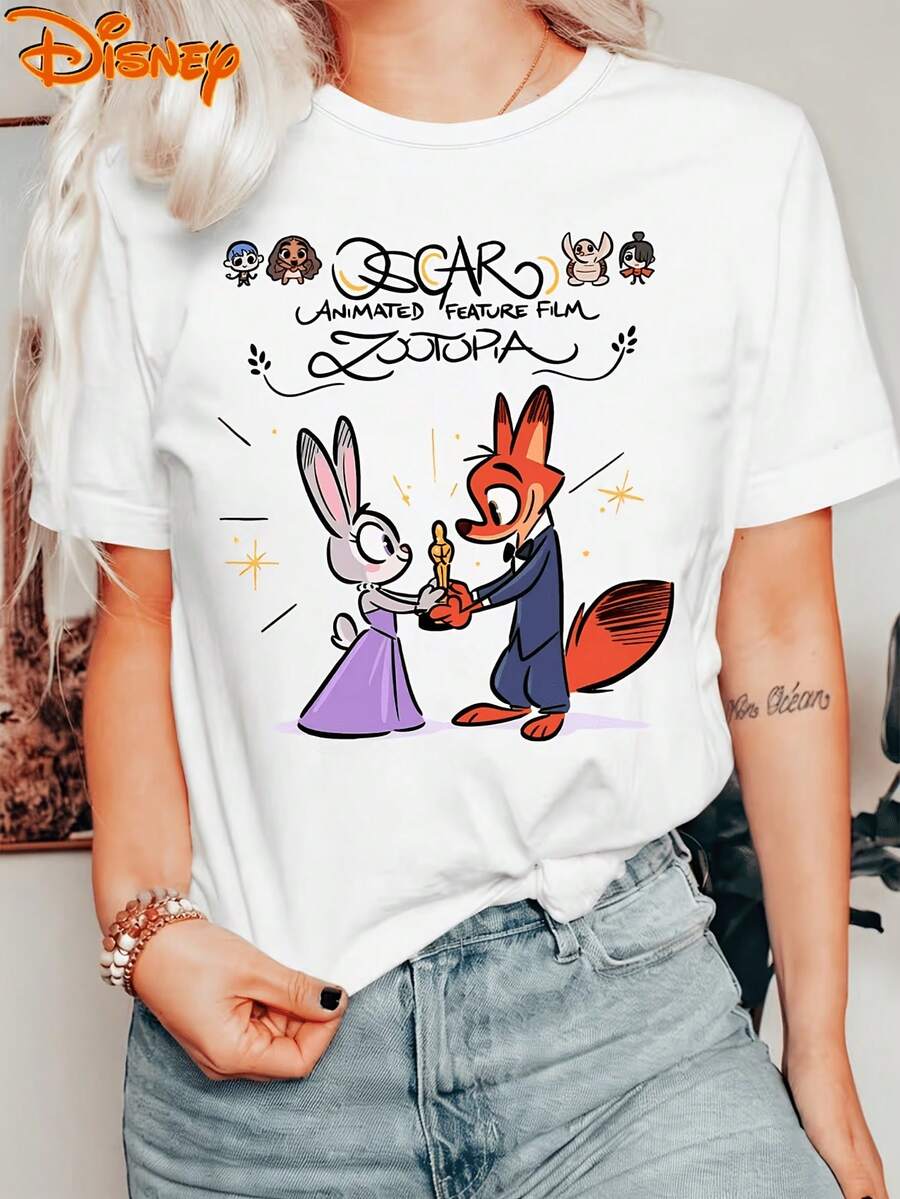 Disney Zootopia Oscar Award Winner Graphic Tee, 100% Cotton Crew Neck Short Sleeve T-Shirt For Women, Movie Casual Top - 白色 - 查看 1