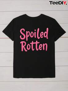 Minimalist. 100% Cotton. 1 Piece [Front And Back Images]. Pink "Spoiled" Lettering - Soft Everyday T-Shirt, Suitable For Casual Wear And Leisure - Non-See-Through Fabric - Women's T-Shirt, Casual Wear, Fun Design, Relaxed Fit, Casual Outfit, Fashion Top, Breathable Fabric, Short-Sleeved Top, Flatters Curvy Women's Figures, All-Season Clothing, Everyday Wear, Regular Fit, Basic Top, . Spring/Summer Top. - 黑色 - 查看 2
