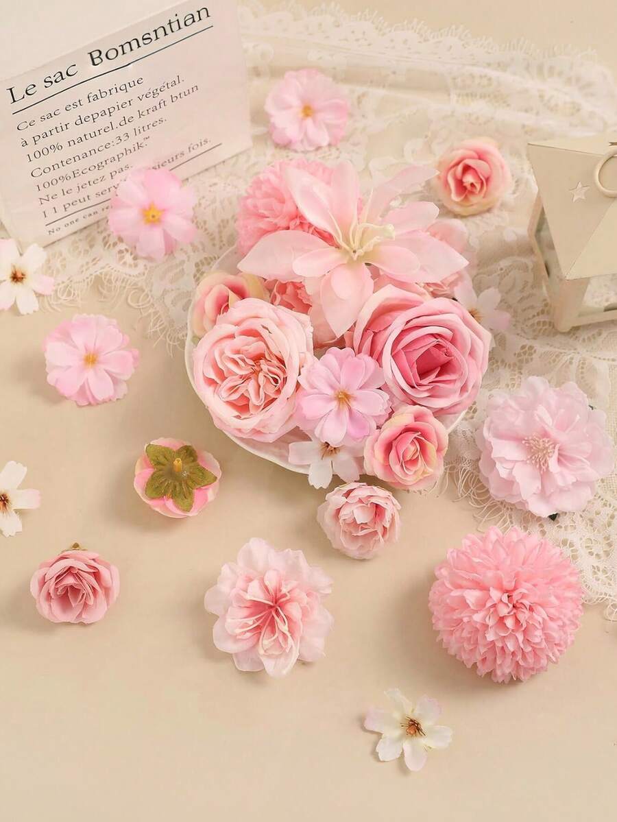 48pcs Mixed Color Artificial Flowers, Including Artificial Roses, Peonies, Daisies And More, Suitable For Wedding/Home Decor, Wreaths/Hats, Floral Decoration And Tabletop Centerpiece - Light Pink - View 1