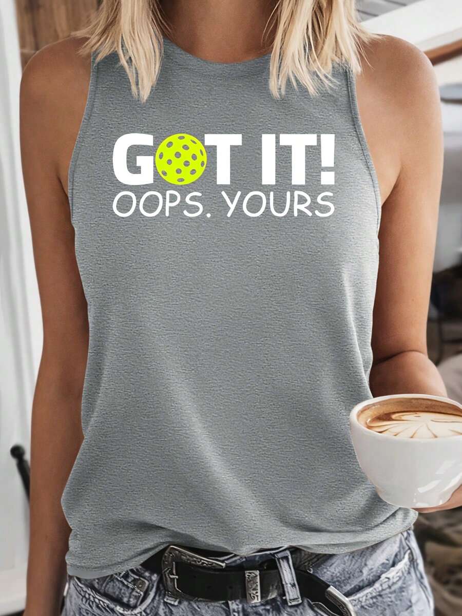 Pickleball Mishap Print Tank Top | Humorous Interactive Style Sleeveless Top | Sports Funny T-Shirt | 2026 Summer New Casual Vacation Style Clot - 淺灰色 - 查看 1