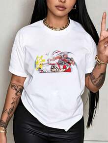 Bajo el Radar Cuello Redondo con Estampado Divertido ﻿     Camiseta Negra con Diseño de Personaje de Anime para Mujer, Camiseta Gráfica de Moda, Ropa Casual de Calle, Unisex, Adecuada para Regalos de Vacaciones - Estilo Urbano Vintage, Camiseta Unisex Holgada de Algodón de Manga Corta con Cuello Redondo - Blanco - Ver 1
