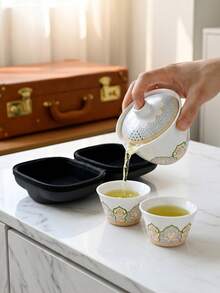 Portable Ceramic Travel Tea Set, Lotus Pattern Kung Fu Tea Set With Storage Bag, Reusable Gaiwan Teaware For Camping, Hiking & Office, Tea Kit For 3 People,Japanese Tea Sets - Multicolor - View 8