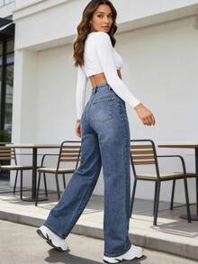 Women's Casual Straight Leg Loose Fit Jeans With Pockets, Fashionable Straight Jeans, Washed Denim Loose Fit Jeans, Vintage Casual Style, Wide Leg And High Waist For Everyday Wear, Comfortable, Stretchy And Suitable For All Seasons - 藍白色 - 查看 4