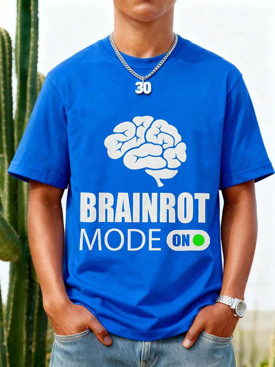 Camiseta de Manga Corta Negra con Estampado de Cerebro y Texto Brainrot Mode On para Hombre Moda Urbana Casual Verano - Azul - Ver 1