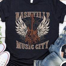 Oversized Nashville Music City T-Shirt Vintage Guitar Wings Graphic Tee, Di Graphic, Uni Shirt - Negro - Ver 1