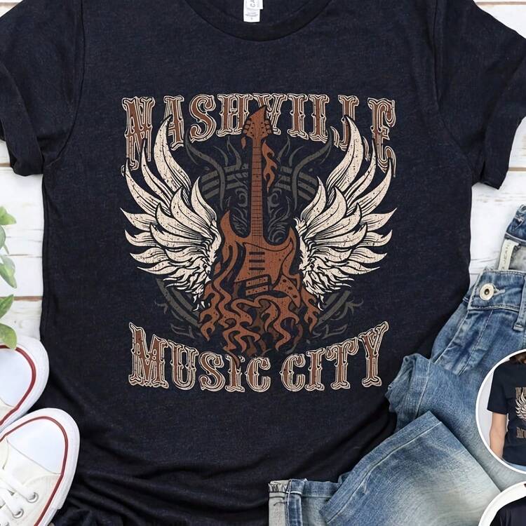 Oversized Nashville Music City T-Shirt Vintage Guitar Wings Graphic Tee, Di Graphic, Uni Shirt - màu đen - Xem 1