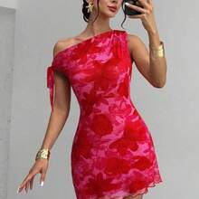 dagjydgfyja  Vestido mini de vacaciones elegante y sexy con hombro asimétrico y floral nuevo para mujer en verano, vestido floral de malla, vestido de cuello asimétrico, ropa de primavera/verano, atuendo de playa, elegante, sexy, vacaciones, playa, Hawái, cita, fiesta, festival de música, vestido de graduación, baile de graduación - Agua verde azul - Ver 2
