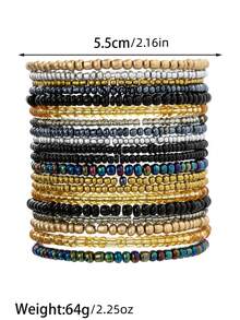 20pcs Bohemian Style Women's Elastic Bracelets, Black Gradient Bead Design, Can Be Layered, Suitable For Beach Vacation, Party, Daily Commute - Black - View 2