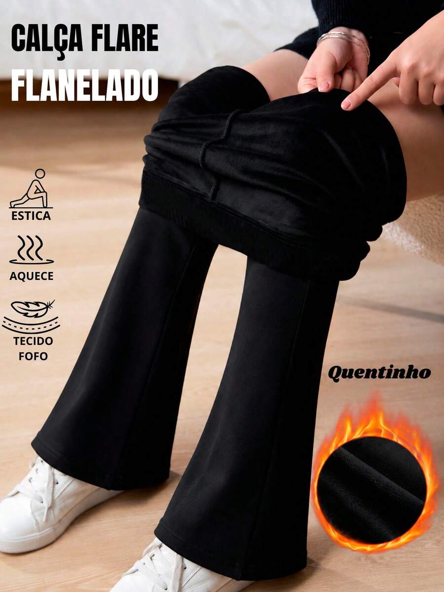 Women's High-Waisted Flannel Flare Pants In Fleece-Lined Thermal Spandex - Black - View 1