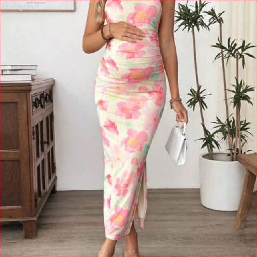 VUUG
Cheriluna Maternity Vestido ajustado con pliegues y estampado floral para mujer embarazada, vestido de maternidad para vacaciones en la playa - Multicolor - Ver 1