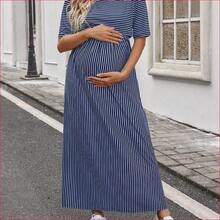 VUUG
  Vestido casual de cuello redondo de manga corta a rayas para maternidad y lactancia - Azul y blanco - Ver 7