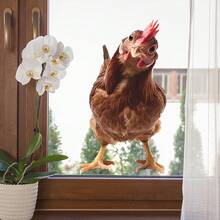 1/3/5pcs 3D Effect Funny Tilting Head Hen Static Window Cling, 45x26cm Self-Adhesive Reusable Sticker, Suitable For Glass Window Door Mirror Wall, Spoof Funny Farmhouse Home Decoration, Perfect Housewarming Gift For Animal Lovers & Home Decor. - Multicolor - View 2