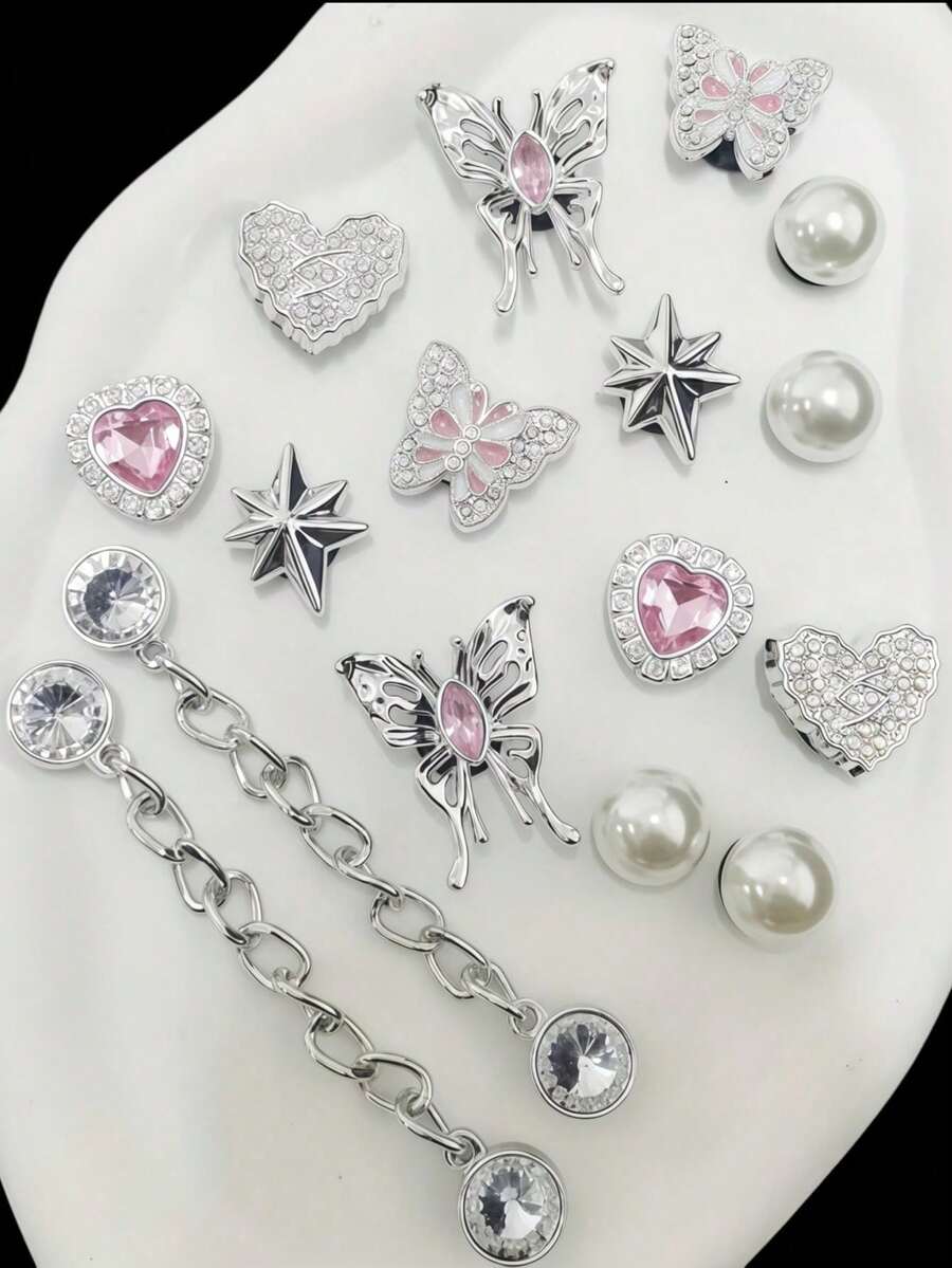 16pcs Rhinestone Chain Pink Diamond Heart Butterfly (12mm Pearl) Seven-Pointed Star Resin Fashion Minimalist Ins Style DIY Shoe Decoration - Multicolor - View 1
