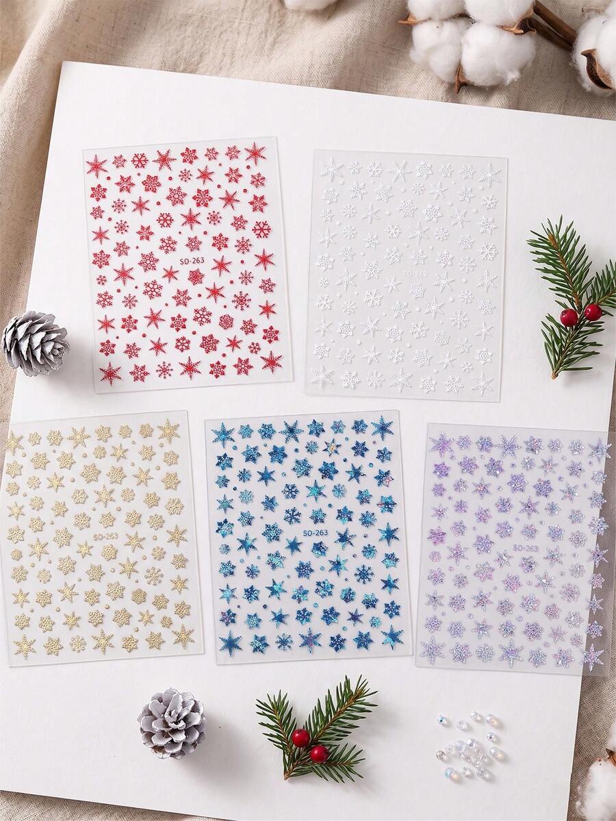 5pcs/Set Snowflake Stickers, Laser Glitter Gold Snowflake Stickers, Stationery Stickers For Students, Diary & Planner Stickers, Graffiti Stickers, Nail Art Stickers School Supplies - 5pcs SO-246 Gold + White + Red + Laser Blue + Laser Silver - View 1