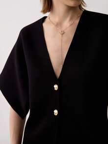 Women's Casual Solid Color Button Front Cardigan, Suitable For Summer & Autumn Black - Black - View 6