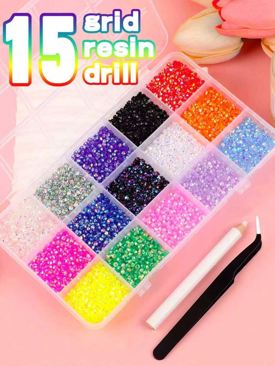15-Compartment Mixed Color Resin Rhinestone Embellishment Set, Includes Pickup Pen And Tweezers, Suitable For DIY Crafts And Nail Art Decoration - Multicolor - View 1
