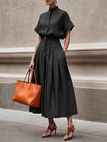 Solid Color Button Decor Stand Collar Short Sleeve 2-Piece Set Shirt + Pleated Mid-Length Skirt, Suitable For Office Commute, Business, Spring Vacation - Black - View 6