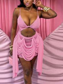 DOUCIU Hot Girl Sheer See Through Draped Hollow Sexy Spaghetti Strap Dresses Party Night Club Style - Pink - View 4