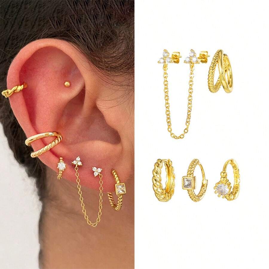 Juego de 5 piezas de pendientes, pendientes de aro retorcido minimalista y pendientes de botón con cadena, joyería de piercing de cartílago y brazalete para uso diario - TZ408 - Ver 1