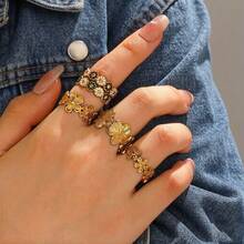 Set Of Colorful Floral Stackable Stainless Steel Open Adjustable Rings, Suitable For Women's Daily, Holiday, Party Versatile Accessories - Gold - View 7