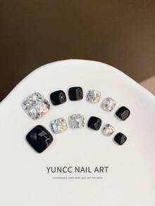 12pcs Handmade Press On Nails, Black & Silver Iridescent Glitter, Short Square Fake Nails For Women - Multicolor - View 2