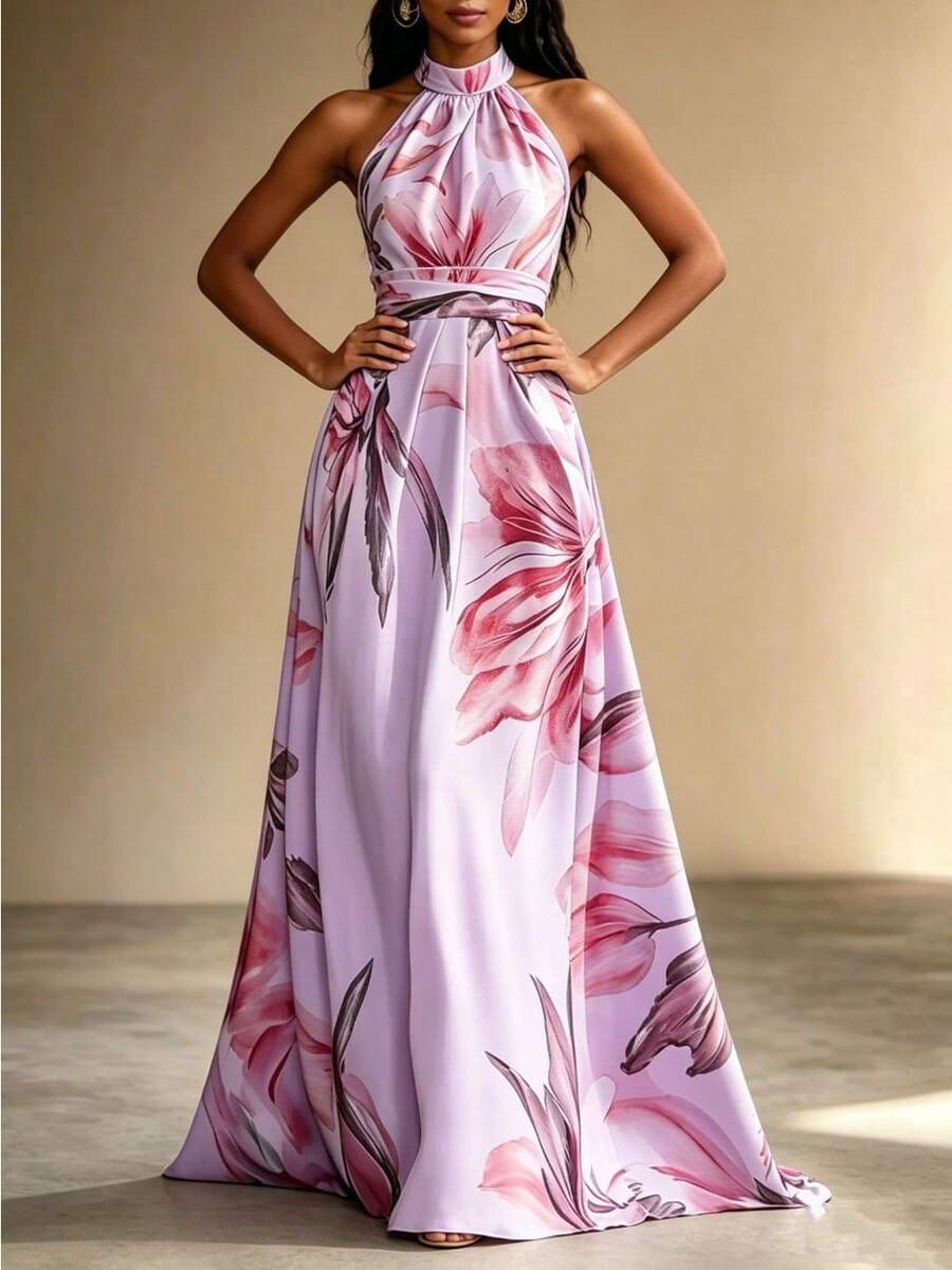 Elegante vestido largo de fiesta sin tirantes con estampado floral y corte en A para mujer, sin mangas, con bajo asimétrico y confeccionado en tejido tejido para ocasiones especiales. - Morado - Ver 1