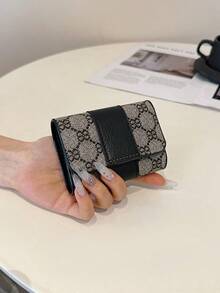 New Women's Brown PU Floral Print Pattern Small Accordion Card Holder, Multi-Slot Fashion Versatile Anti-Theft Card Storage Pouch With Flap, Vintage Lightweight Handheld Bag - Black - View 9