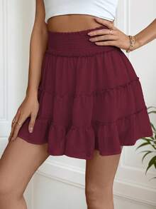 Women's Bohemian High Waist Mini Skirt With Ruffles And Shorts - Lightweight, 100% Polyester, Machine Washable, Solid Color For Casual And Formal Outfits - 酒紅色 - 查看 4