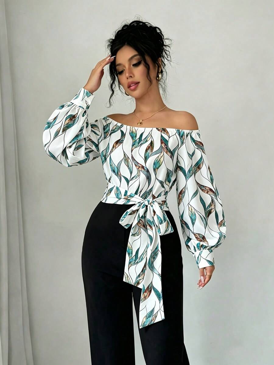 Elegant Women's Off-Shoulder Blouse With Polka Dots And Front Bow - Puff Sleeves, Round Neck, White, Machine Washable, Ideal For Casual Or Semi-Formal Wear In All Seasons - 青綠色 - 查看 1