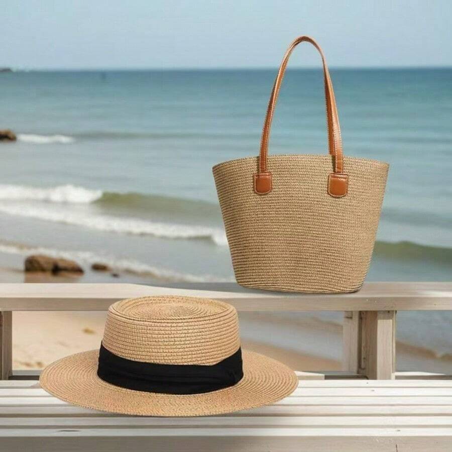 Vacation Casual 1 Straw Hat + 1 Bag - Khaki Black Webbing - View 1