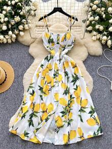 2026vestido Midi de playa con estampado de limón, vestido veraniego con tirantes finos para mujer, vestido veraniego Floral bohemio coreano con abertura y espalda descubierta - Blanco - Ver 1