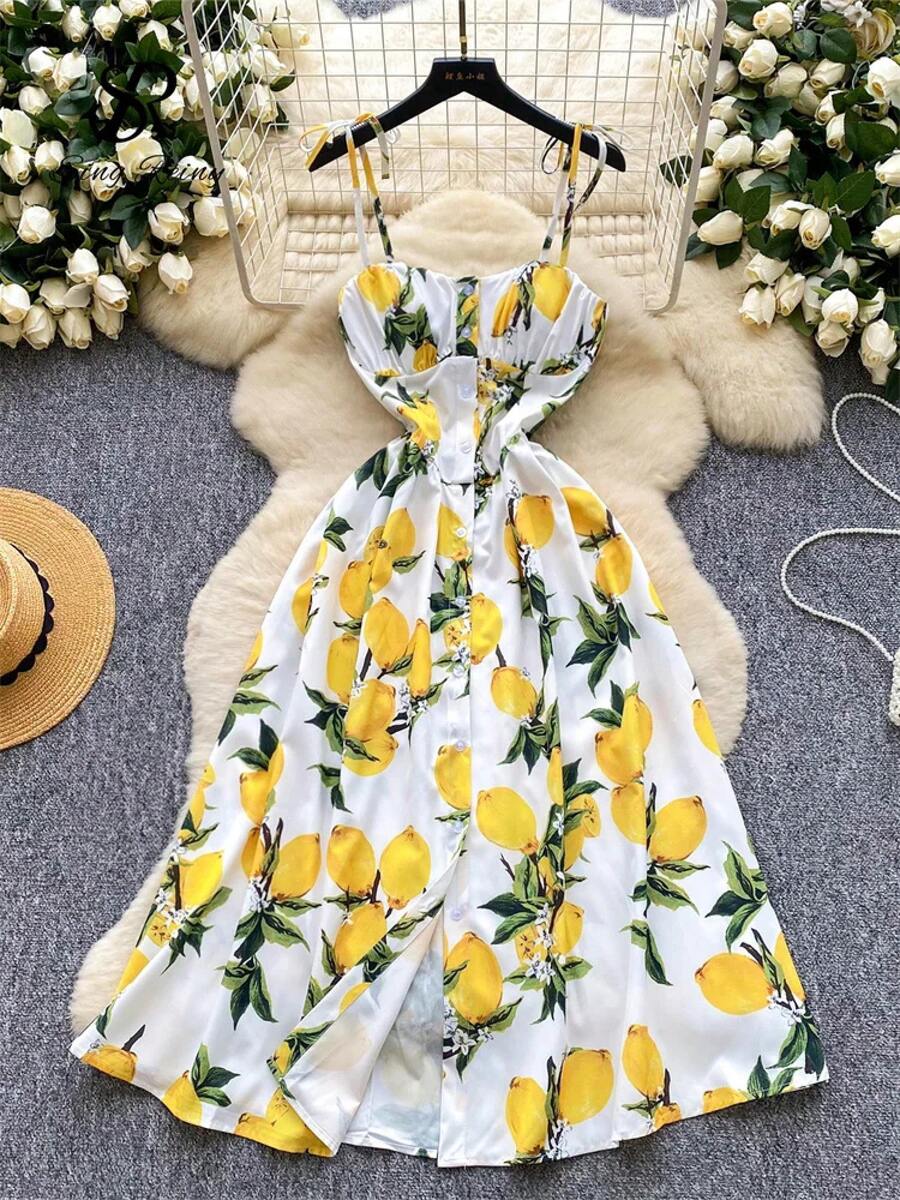 2026vestido Midi de playa con estampado de limón, vestido veraniego con tirantes finos para mujer, vestido veraniego Floral bohemio coreano con abertura y espalda descubierta - Blanco - Ver 1
