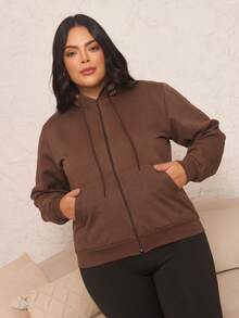 Women's Plus Size Blouse With Zipper, Pockets, And Fur Trim. - 摩卡棕 - 查看 4