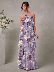 aL'Amorae Vestido maxi elegante y romántico de invitada de boda, de gasa con cuello halter y volantes sólidos - Morado - Ver 1