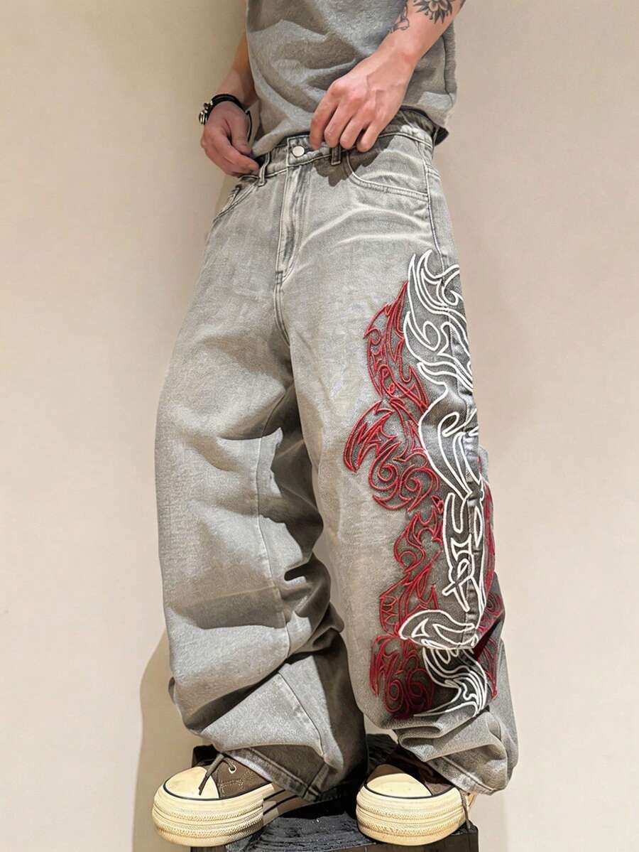 Infinite Jeans 1件裝 香港街頭風 3D刺繡花卉 時尚百搭 男款水洗寬鬆寬腿長褲 (產品不含腰帶及配件) - 灰色 - 查看 1