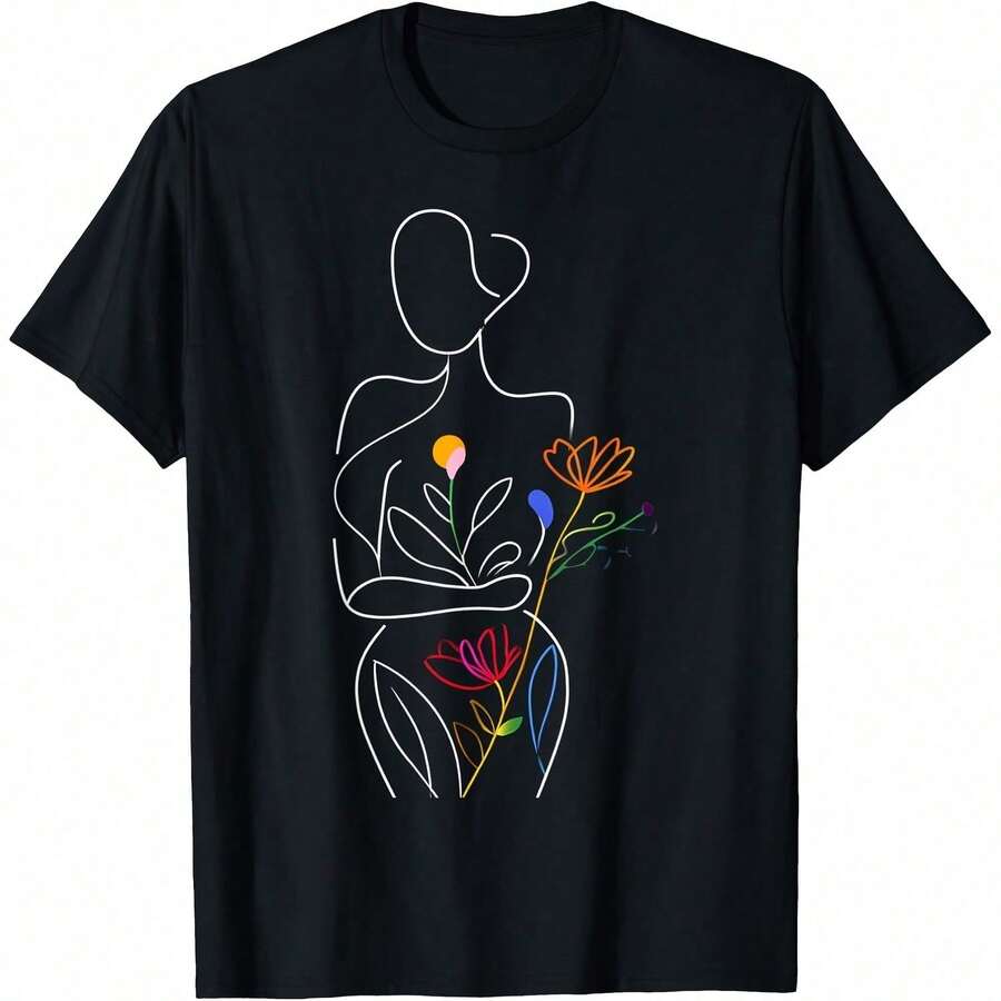 Minimalist Women's T-Shirt With Abstract Boho Face Print, Pink, All Seasons, 220g Pure Cotton, Single-Sided Print, Crew Neck, Short Sleeve, Unisex Top, Undershirt, Loose Fit Retr - 庫爾 10 - 查看 1