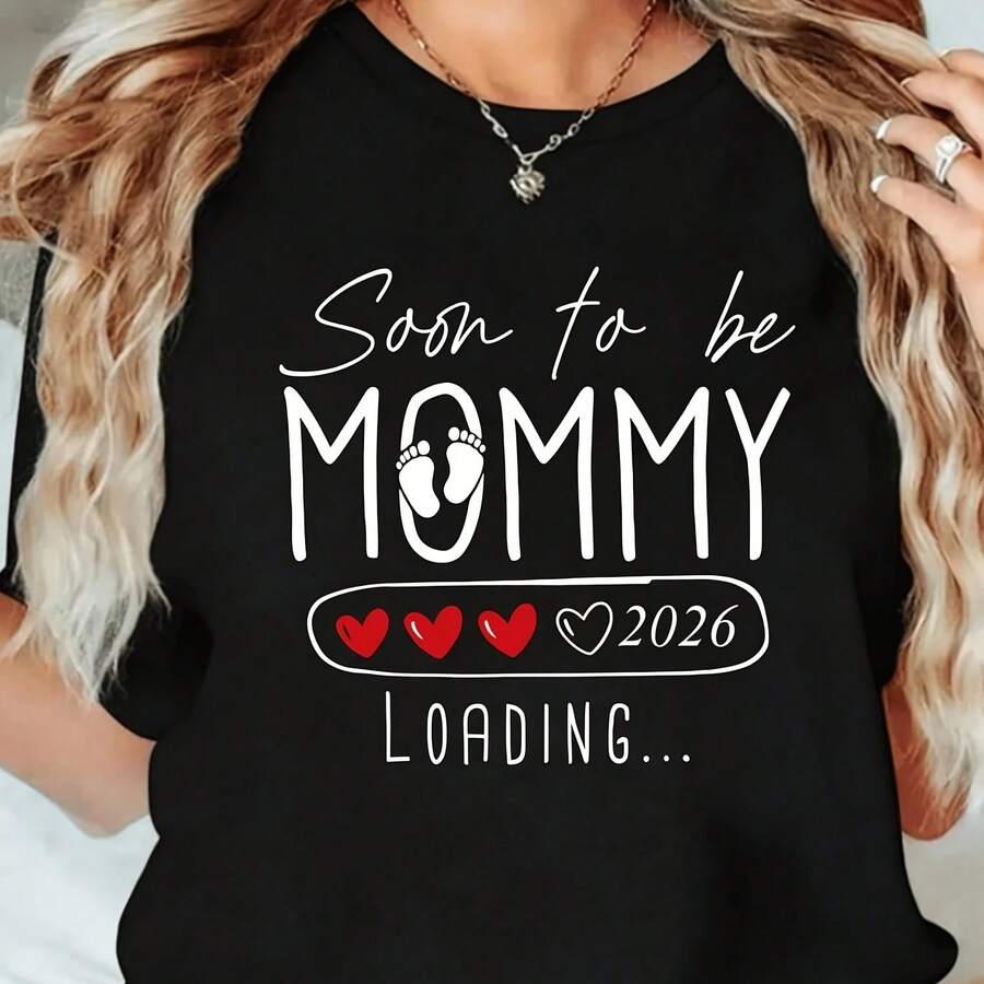 Pc Wo's Soon To Be MOMMY 06 Printed T-Shirt, Crew Neck, Short Sve, High Stretch, Knit Fabric, All-Season Spor Ste Tee Vacation Oui Woman Round Neck Wo T Shirt Cotto - 黑色 - 查看 1