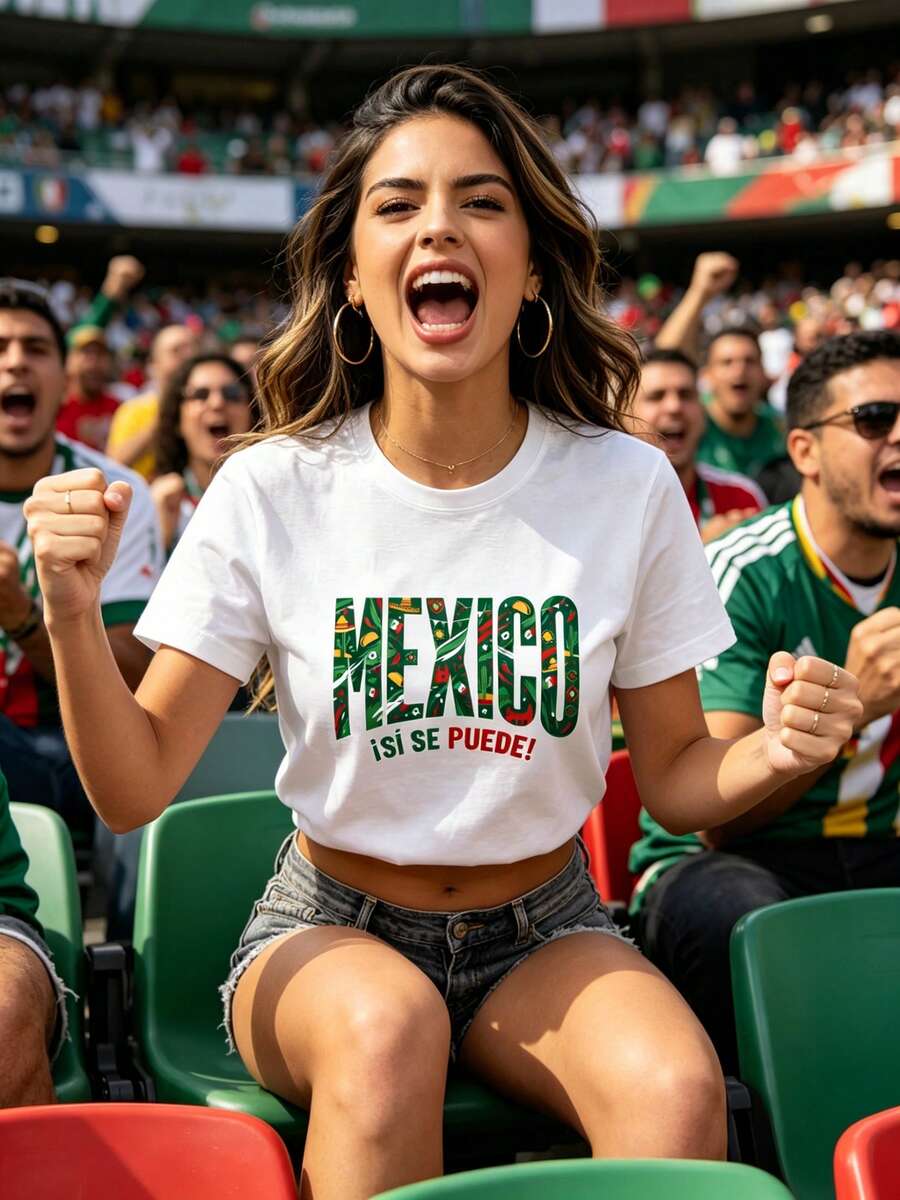 Camiseta de fútbol para mujer, camiseta de animadora de fútbol, ​ ​ temática de la temporada 2026, con elementos culturales mexicanos, estilo clásico mexicano, camiseta sencilla de manga corta, corte holgado, cuello redondo, suave y transpirable, novedosa y a la moda, top casual para mujer, un regalo especial para las aficionadas al fútbol. Camisetas casuales para mujer, camisetas básicas para mujer, camisetas de poliéster para mujer, camisetas holgadas, camisetas divertidas, camisetas minimalistas, camisetas con letras para mujer, camisetas estampadas, ofertas por tiempo limitado, promociones de novedades, novedades de temporada, precios especiales por tiempo limitado, camisetas conmemorativas, estilo retro, estilo bohemio